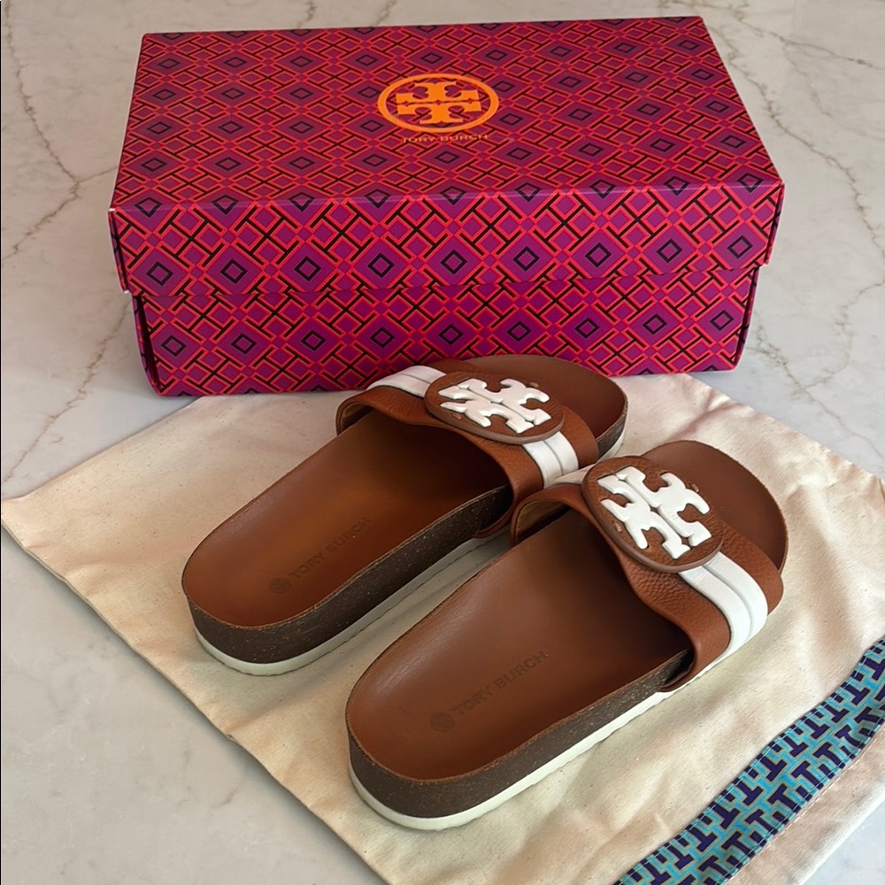 Tory Burch Leather Logo Slides Sandals